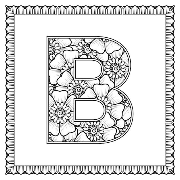 Letter B made of flowers in mehndi style coloring book page outline handdraw vector illustration