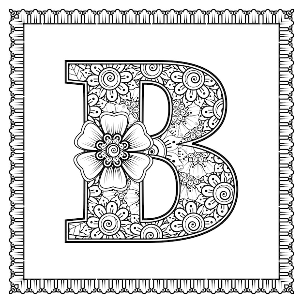 Vector letter b made of flowers in mehndi style coloring book page outline handdraw vector illustration