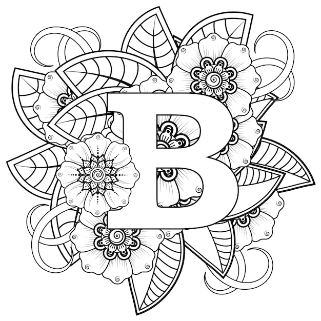 Letter b met Mehndi bloem decoratief ornament in etnische oosterse stijl kleurboekpagina