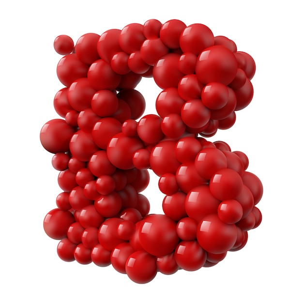 Letter B met rood gekleurde glanzende ballen, zijaanzicht. realistische afbeelding.