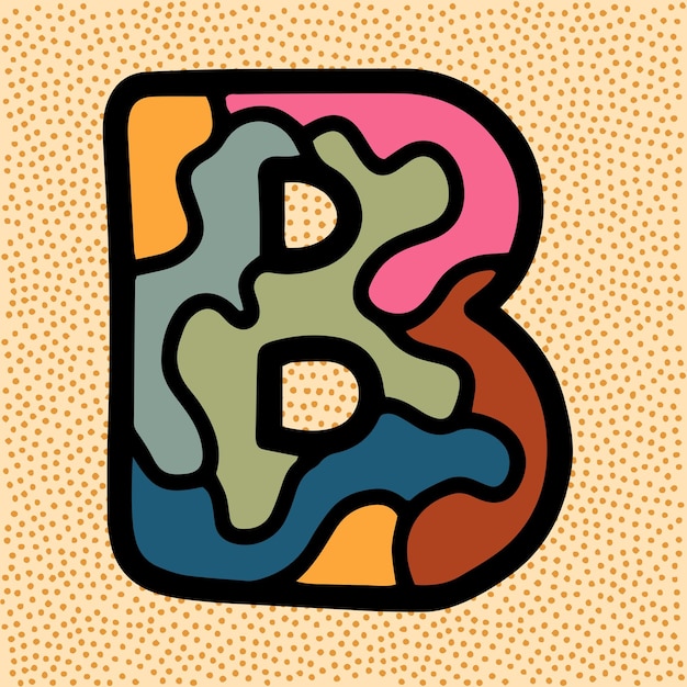 Letter B vintage retro font with stained glass pattern puzzle mosaic kaleidoscope in muted colors