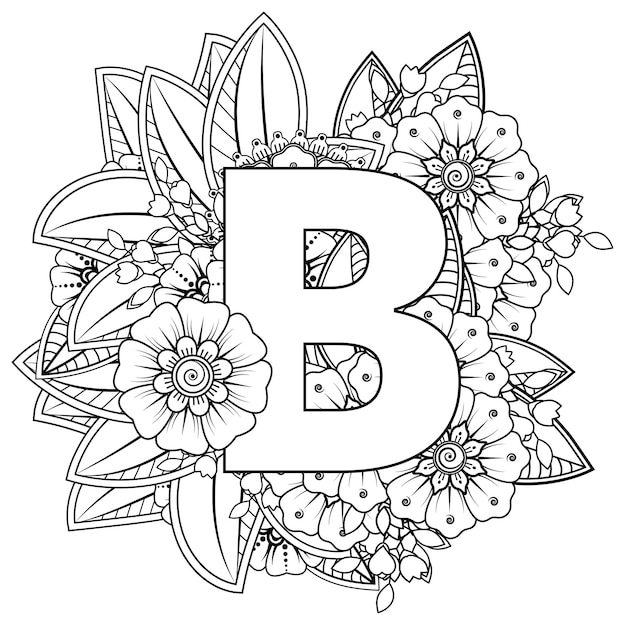 Letter B with Mehndi flower decorative ornament in ethnic oriental style coloring book page