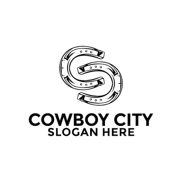Буква C или CC или S Логотип города ковбоя или логотип ковбойской обуви ковбой с векторным шаблоном логотипа подковы
