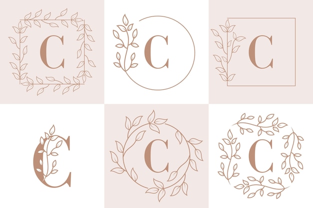 Vector letter c initial with floral frame template