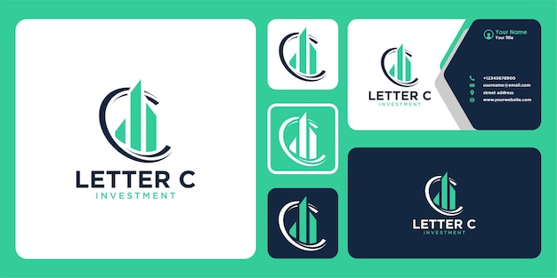 Vettore lettera c logo design con investimento e biglietto da visita