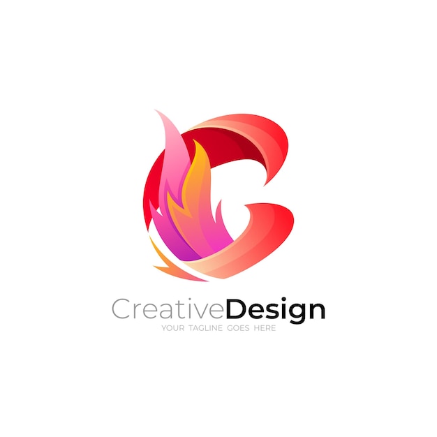 Il logo della lettera c e il design del fuoco combinano il design caldo di colore rosso