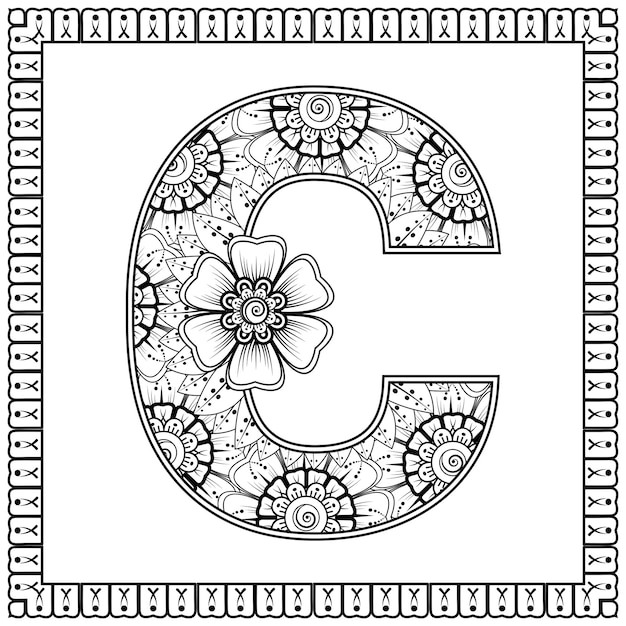 Letter C made of flowers in mehndi style coloring book page outline handdraw vector illustration