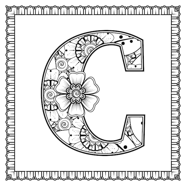 Letter C made of flowers in mehndi style coloring book page outline handdraw vector illustration