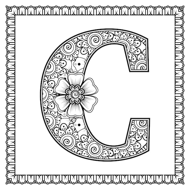 Letter c made of flowers in mehndi style coloring book page outline handdraw vector illustration
