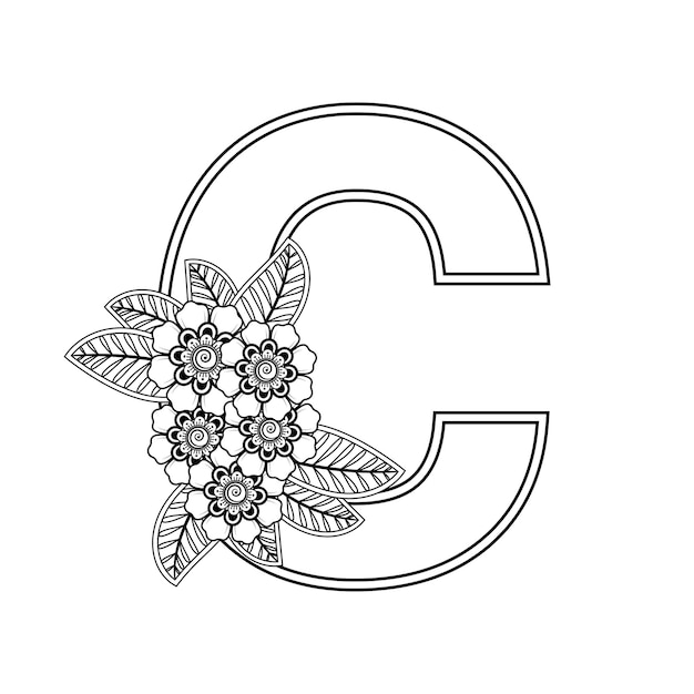 ベクトル 一時的な刺青スタイルの花で作られた文字 c。塗り絵のページ。手描きのベクトル図の概要を説明します。