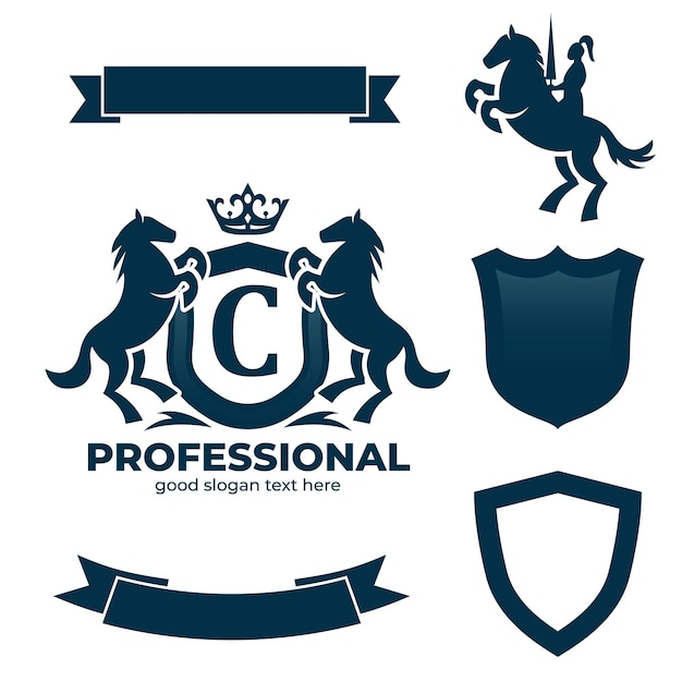 Letter C Retro Crest met schild en twee paarden Vector heraldische schild met kroon paard silhouet