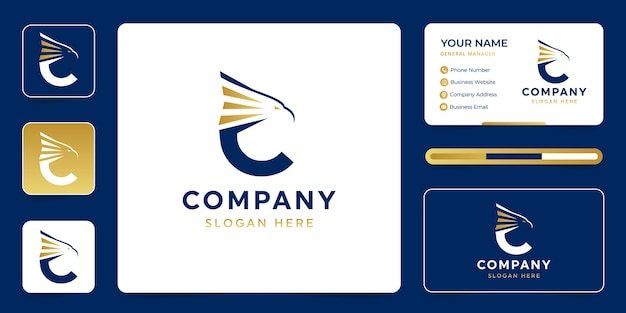 Letter c with eagle logo vector with business card template