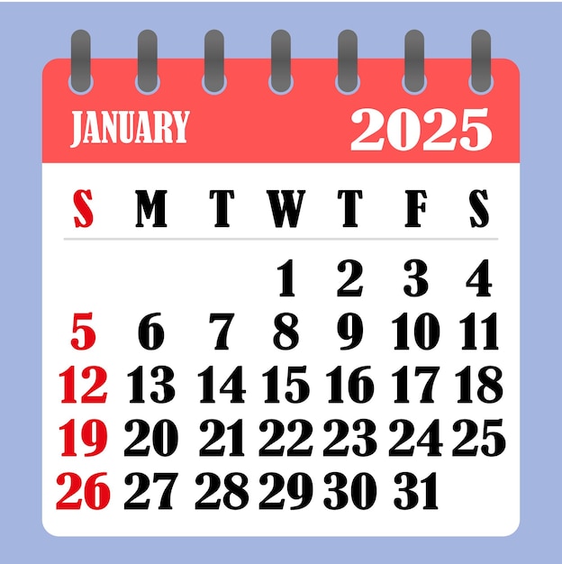 Letter calendar for January 2025 The week begins on Sunday Time planning and schedule concept Flat design Removable calendar for the month Vector illustration