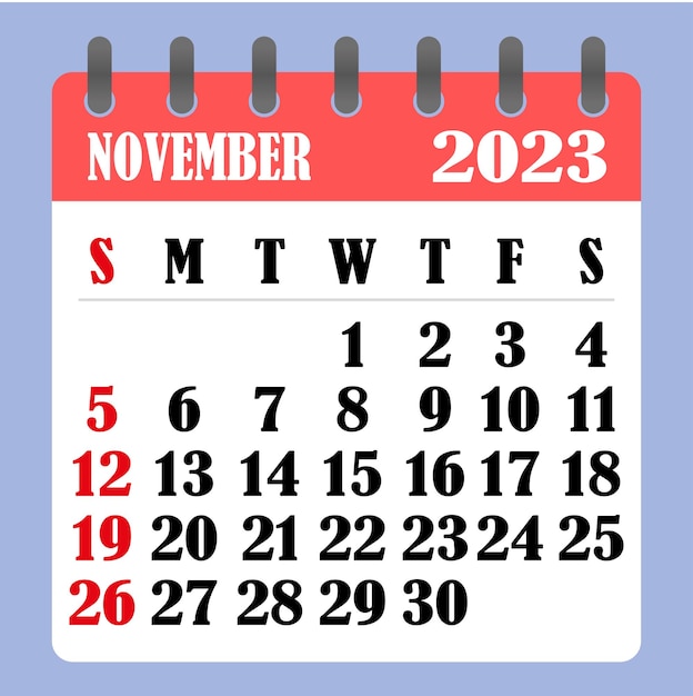 Calendario delle lettere per novembre 2023 la settimana inizia la domenica concetto di pianificazione e pianificazione del tempo design piatto calendario rimovibile per il mese illustrazione vettoriale