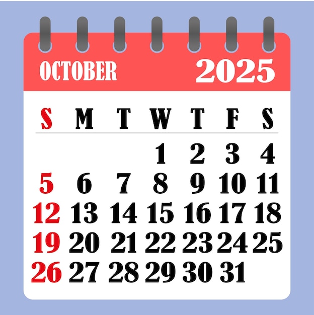 2025年10月のレターカレンダー週は日曜日に始まります時間計画とスケジュールの概念フラットデザイン月の取り外し可能なカレンダーベクトル図