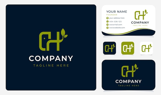 Letter CH-vorm olifant logo-ontwerp met sjabloon voor visitekaartjes