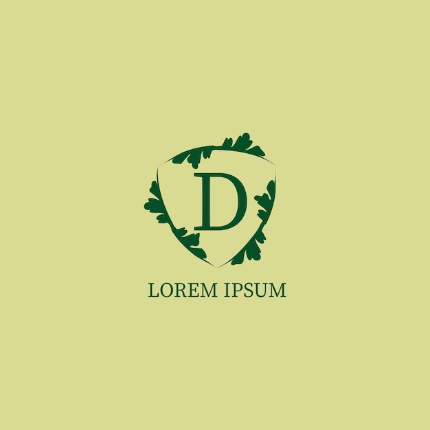 Letter D alfabetische logo ontwerpsjabloon geïsoleerd op groen beige kleur Decoratieve bloemen schild teken illustratie Nature Guard Security logo concept
