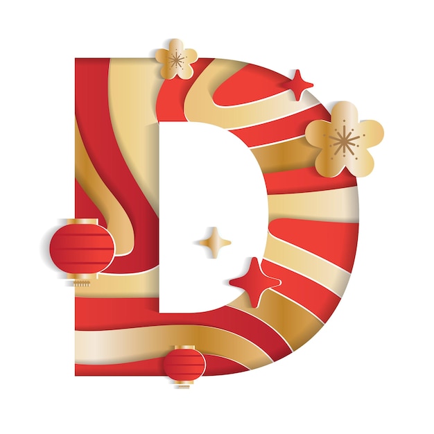 Letter D Alphabet Font Chinese New Year Character Font Flower Lantern Red Gold 3D Paper Layer Cutout