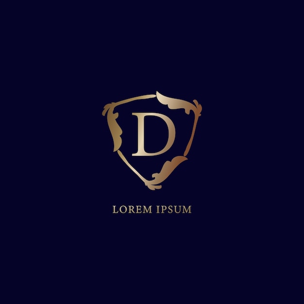 Letter d alphabetic logo design template isolated on navy blue backgroud luxury metalic gold security logo concept decorative floral shield sign illustration