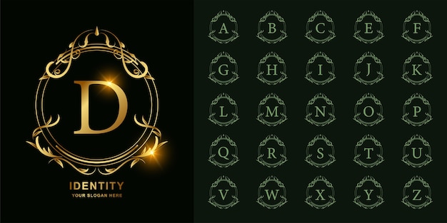 Vector letter d or collection initial alphabet with luxury ornament floral frame golden logo template.