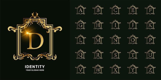 Vector letter d or collection initial alphabet with luxury ornament floral frame golden logo template.