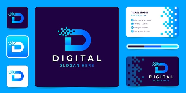 Letter D data technology logo design vector with business card template