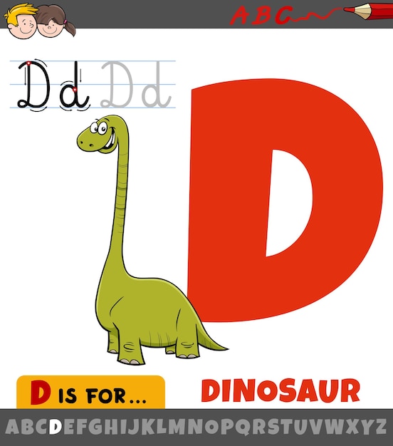 Letter d from alphabet with cartoon dinosaur character