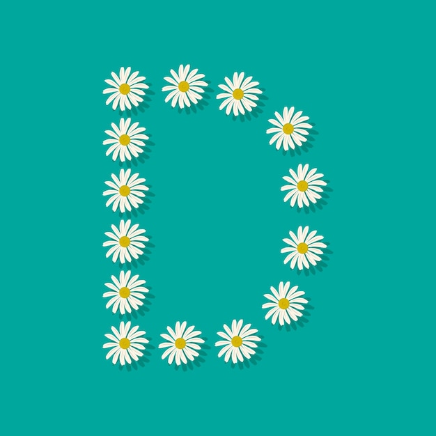 흰색 카모마일 꽃에서 편지 D입니다. 봄 또는 여름 휴가 및 디자인을 위한 축제 글꼴 또는 장식. 벡터 평면 그림