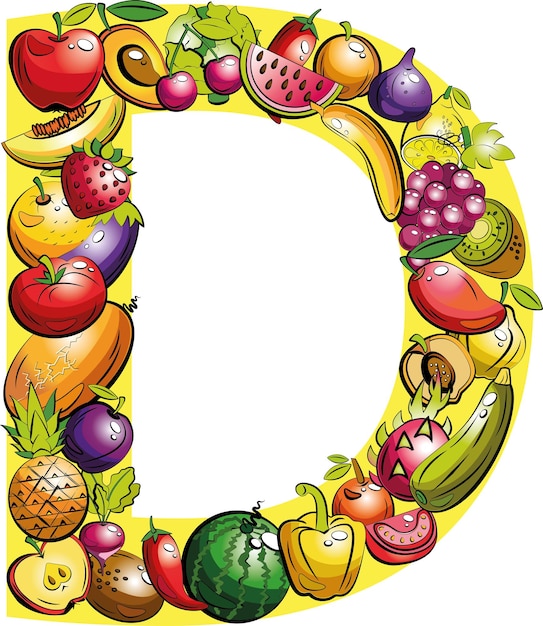Lettera d. lettere di frutta. collage di frutta e verdura colorate sulla lettera dell'alfabeto