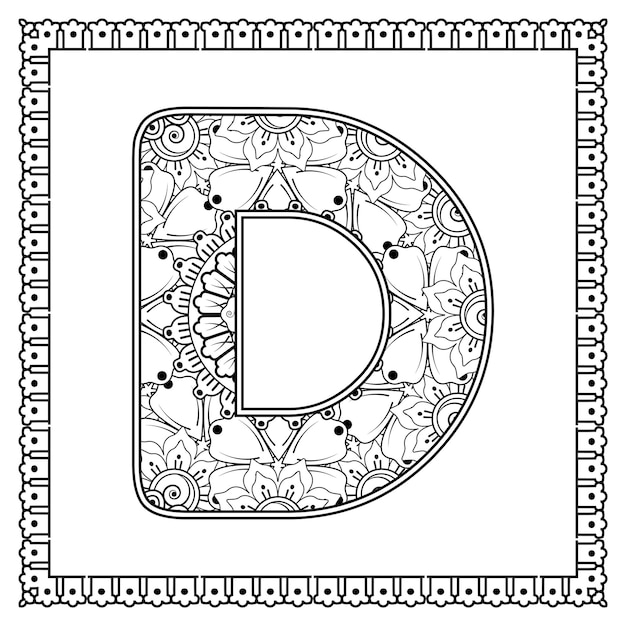 Letter d gemaakt van bloemen in mehndi stijl kleurboek pagina overzicht handdraw vectorillustratie