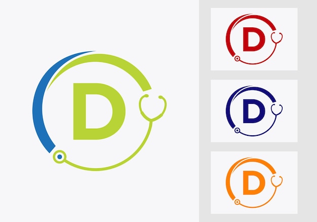 Letter d healthcare symbol doctor and medical logo template. doctors logo with stethoscope sign