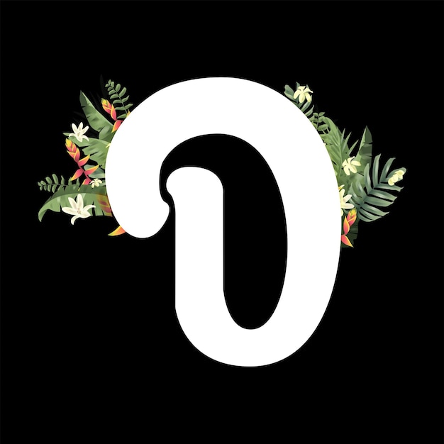 Vector the letter d is decorated with pretty flowers on a black background