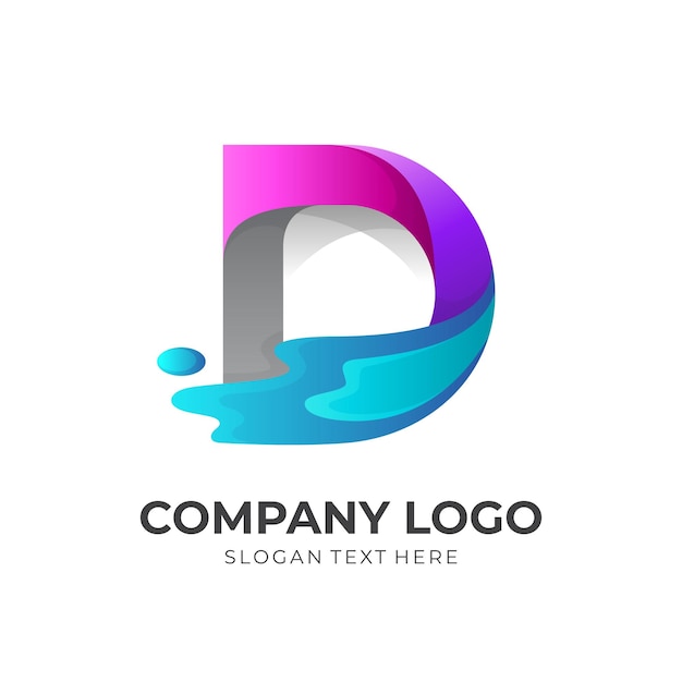 Letter D logo with splash water design, 3d colorful style