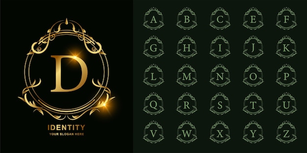 Letter D of collectie eerste alfabet met luxe sieraad bloemen frame gouden logo sjabloon.