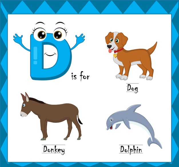 Letter d vector, alphabet d for dog, dolphin, donkey animals, english alphabets learn concept.