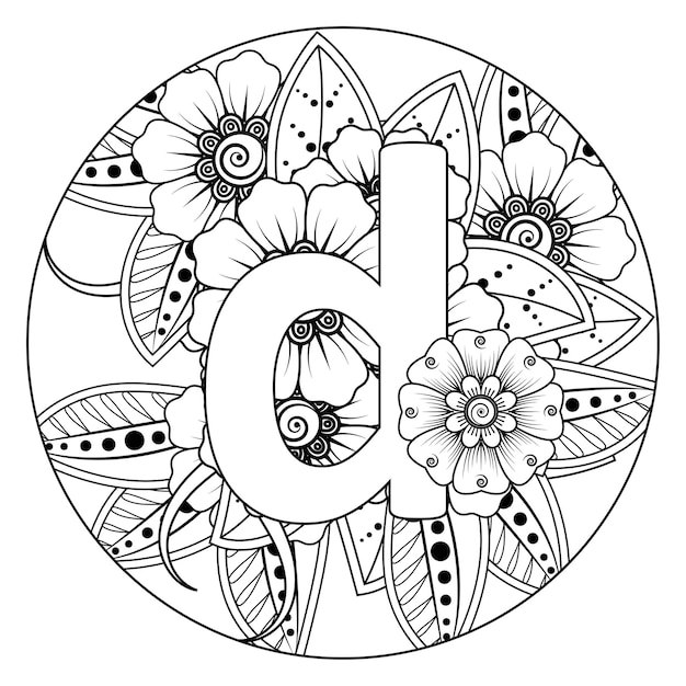 Letter d with mehndi flower decorative ornament in ethnic oriental style coloring book page