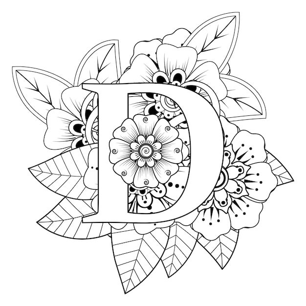 Vettore lettera d con ornamento decorativo fiore mehndi in stile etnico orientale pagina del libro da colorare