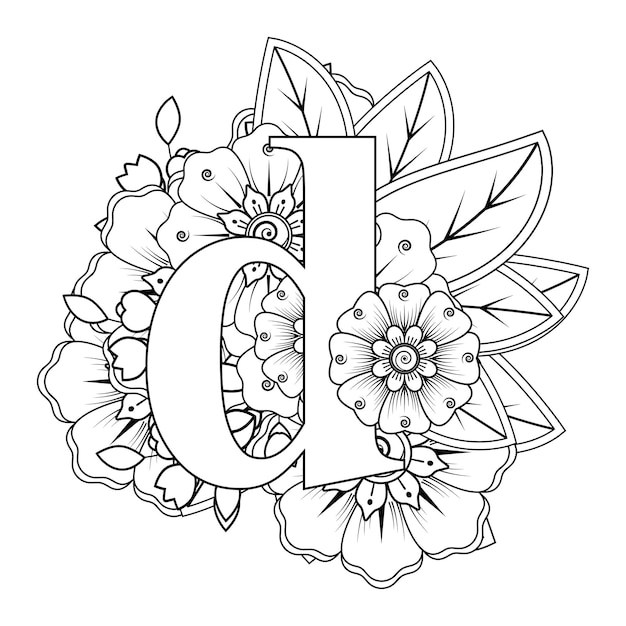 Letter d with Mehndi flower decorative ornament in ethnic oriental style coloring book page