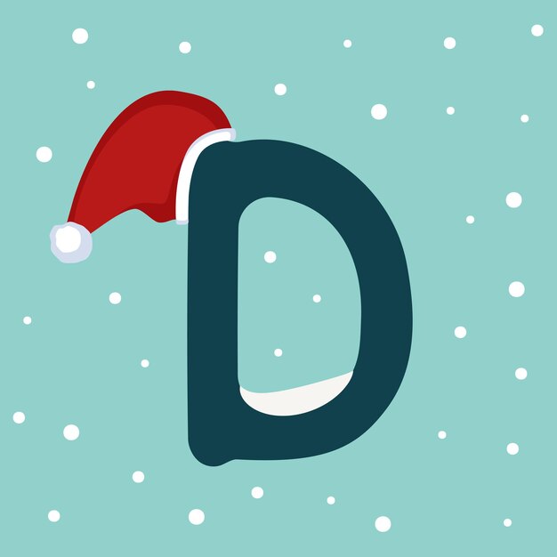 Letter D with snow and red Santa Claus hat. Festive font for Christmas and New Year