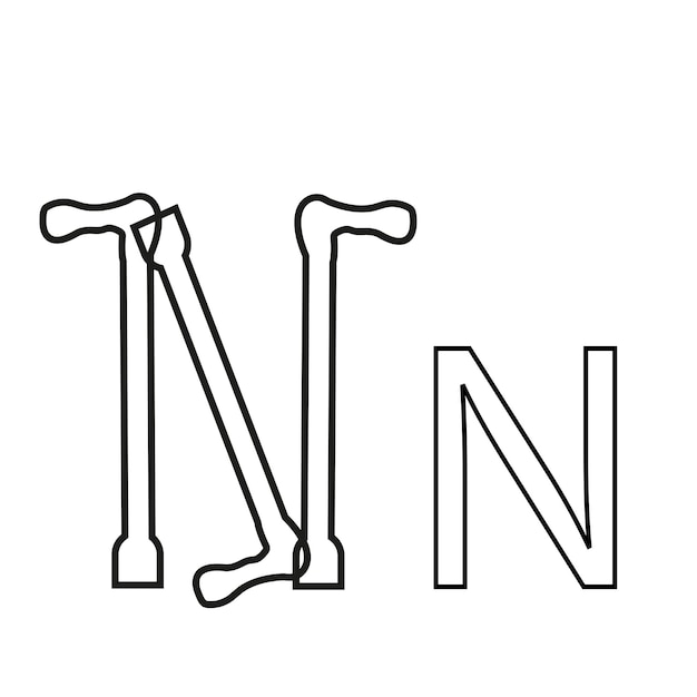 Vector letter design in the form of two crutches with fractures folded in a n shapedrawn in line art style