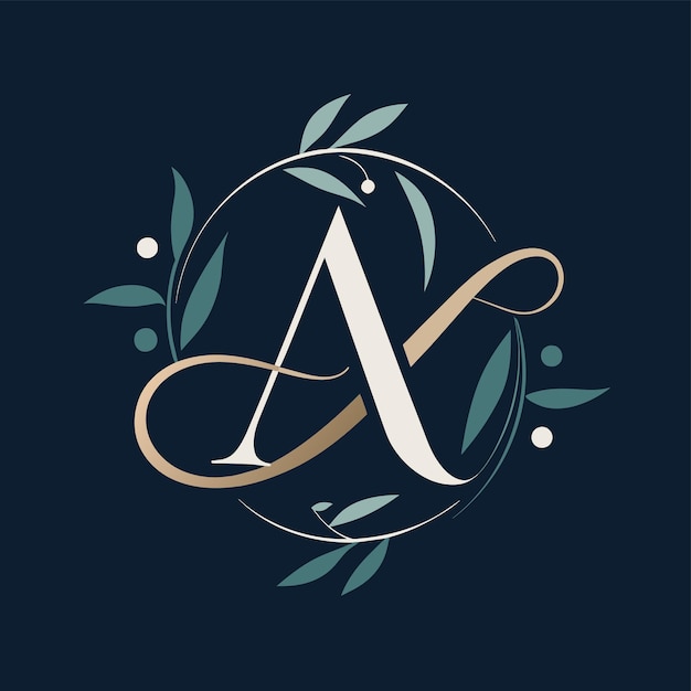 The letter A designed with intricate leaves and vines on a dark backdrop Sleek minimalist monogram design for a personalized wedding touch