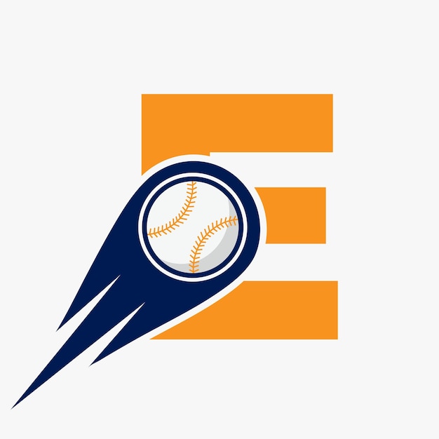Concetto di logo di baseball della lettera e con modello vettoriale icona di baseball in movimento