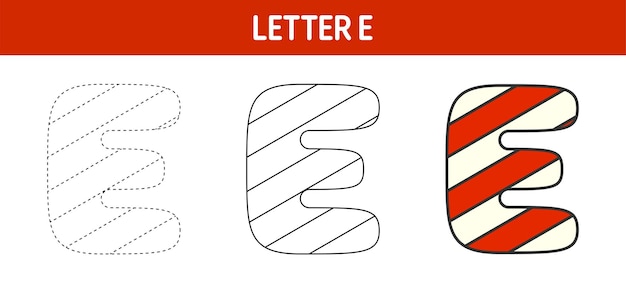 Letter e candy cane tracing and coloring worksheet for kids