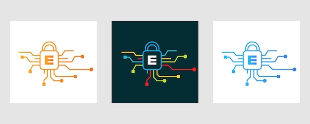 편지 E 사이버 보안 로고. Cyber Protection Symbol의 E 문자 로고