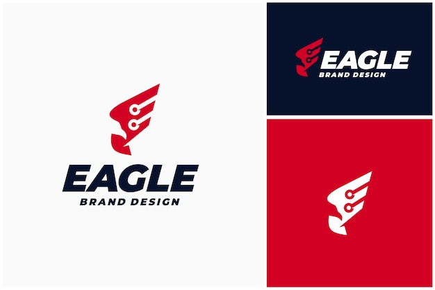 E letter eagle falcon hawk head wing bird con circuit line wire per il logo dell'industria digitale moderna