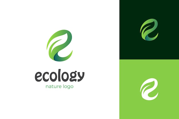 Disegno dell'icona del logo dell'ecologia della lettera e con simbolo dell'elemento grafico della pianta verde foglia o natura per l'etichetta del prodotto della natura del logo della giornata della terra