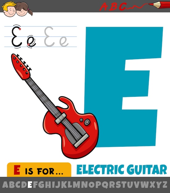 Lettera e dall'alfabeto con chitarra elettrica dei cartoni animati