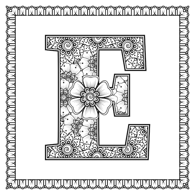 Letter e gemaakt van bloemen in mehndi stijl kleurboek pagina overzicht handdraw vectorillustratie