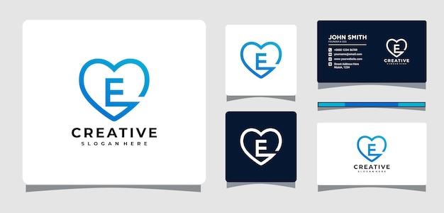 Letter E Heart Logo Template With Business Card Design Inspiration