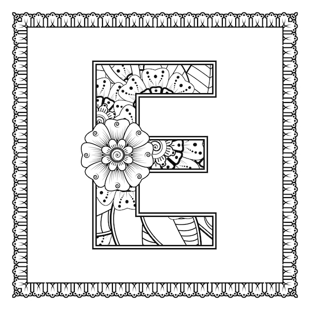 Letter e made of flowers in mehndi style coloring book page outline handdraw vector illustration